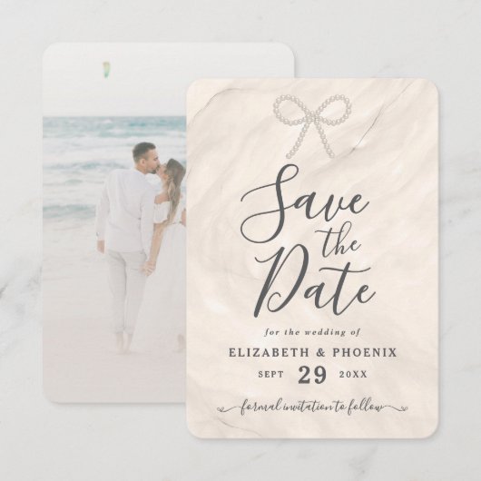 Elegante Champagner-Perlen-Schleife Benutzerdefini Save The Date (Vorne/Hinten)