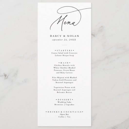 Elegante Charm Black and White Wedding Menu Cards Menükarte (Vorderseite)