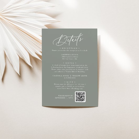 Elegante Charm Dunkle Sage Wedding Details Card Begleitkarte