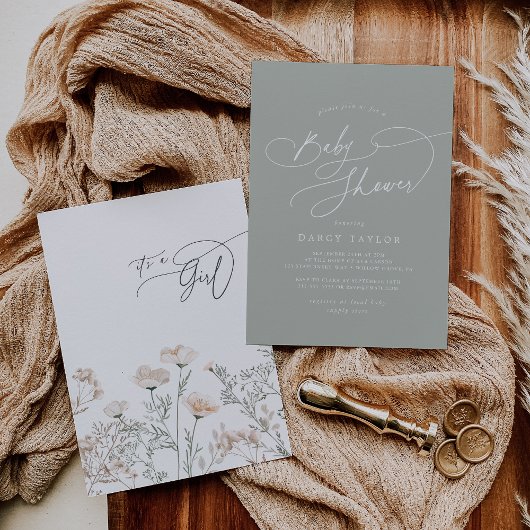 Elegante Charm Sage Green Wildblume Babydusche Einladung