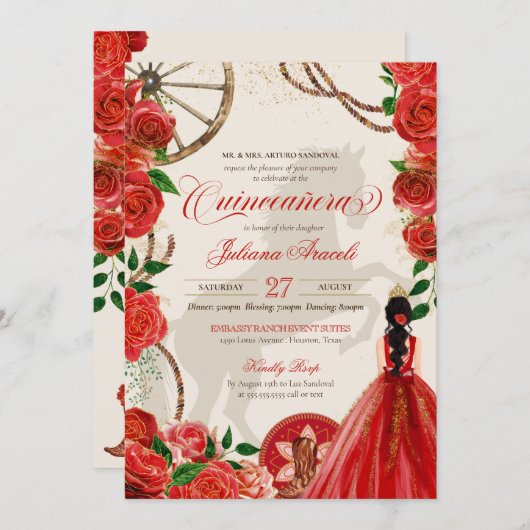 Elegante Charro Rote Rosen Western Ranch Quinceane Einladung (Vorne/Hinten)