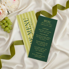 Elegante Chartreuse-Grün gestreifte Hochzeitsdinne Menükarte