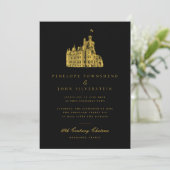 Elegante Château Illustration Black Gold Wedding Einladung (Stehend Vorderseite)
