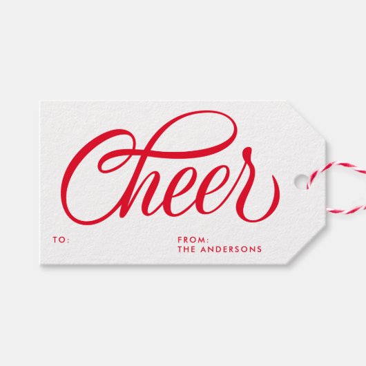 Elegante Cheer Red Script Weihnachtsfeiertag Geschenkanhänger (Vorderseite (Horizontal))