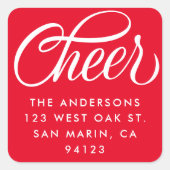 Elegante Cheer Script Weihnachts-Rücksendeadresse Quadratischer Aufkleber (Vorderseite)