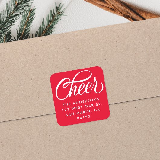 Elegante Cheer Script Weihnachts-Rücksendeadresse Quadratischer Aufkleber