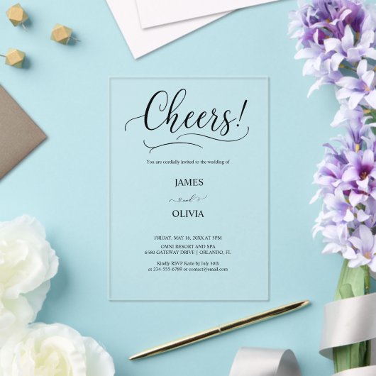 Elegante Cheers Script Clear Acrylic Wedding Acryleinladungen (In Situ (Hochzeit))