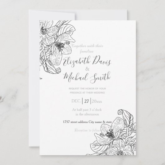 Elegante Cherry Blossom Blume Schwarz-weiß botanis Einladung (Vorderseite)