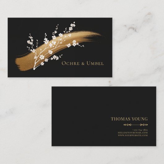 Elegante Cherry Blossom Gold Pinselstrich Schwarz Visitenkarte (Vorne/Hinten)