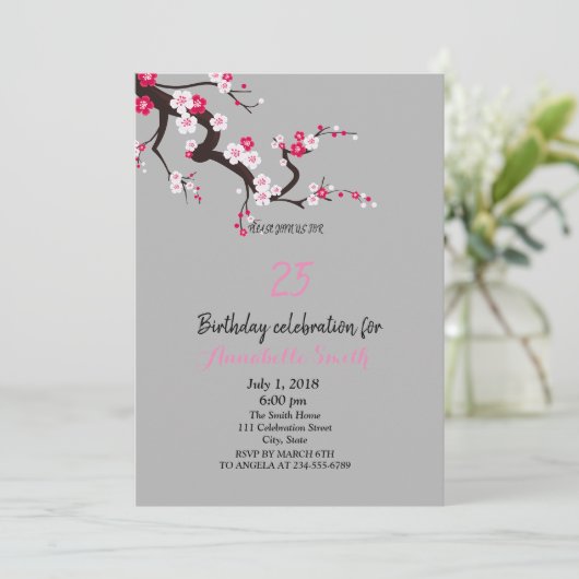 Elegante Cherry Blossom Pink Weiße Blüte Geburtsta Einladung (Stehend Vorderseite)