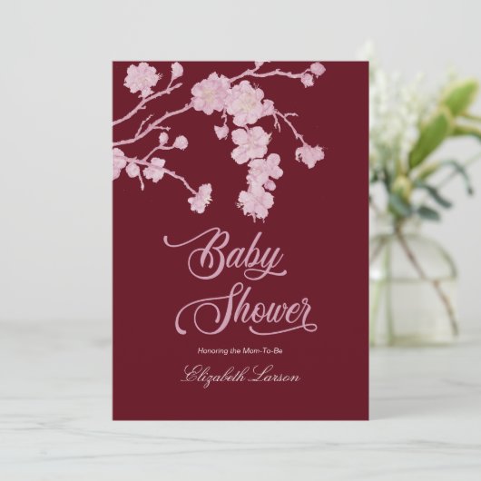 Elegante Cherry Blossoms Baby Shower Burgundy Einladung (Stehend Vorderseite)