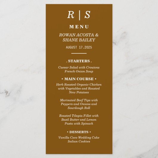 Elegante Chestnut Brown Monogram Wedding Menu Card Menükarte (Vorderseite)