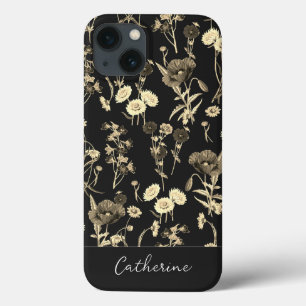 Elegante Chic Beige Wildblumen Name auf Black Case-Mate iPhone Hülle
