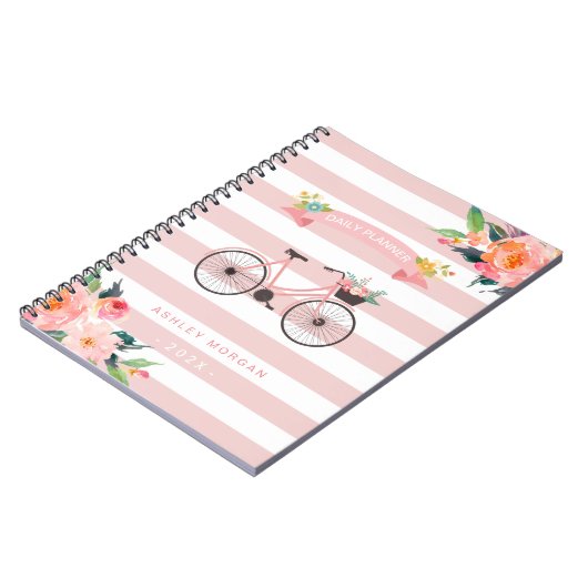 Elegante Chic Bicycle Floral Girly Pink Streifen Notizblock (Linke Seite)