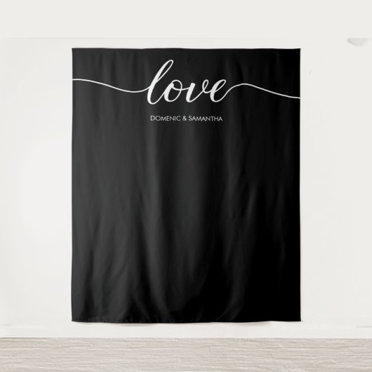 Elegante Chic Black Liebe Script Hintergrund Hochz Wandteppich (Vorderseite)