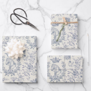 Elegante Chic Blue Beige Reittier Toile Geschenkpapier Set