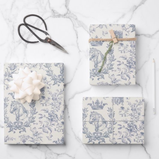Elegante Chic Blue Beige Reittier Toile Geschenkpapier Set (Vorderseite)