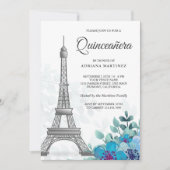 Elegante Chic Blue Floral Eiffel Tower Quinceanera Einladung (Vorderseite)