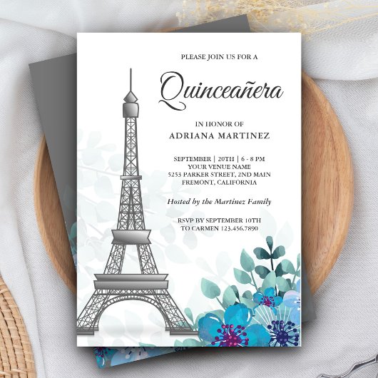Elegante Chic Blue Floral Eiffel Tower Quinceanera Einladung