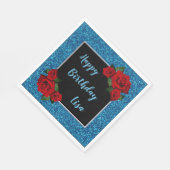 Elegante Chic Blue Glitzer Rote Rosen Geburtstag Serviette (Ecke)