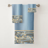 Elegante Chic Blue Metallic Gold Wirbel Badhandtuch Set (Insitu)