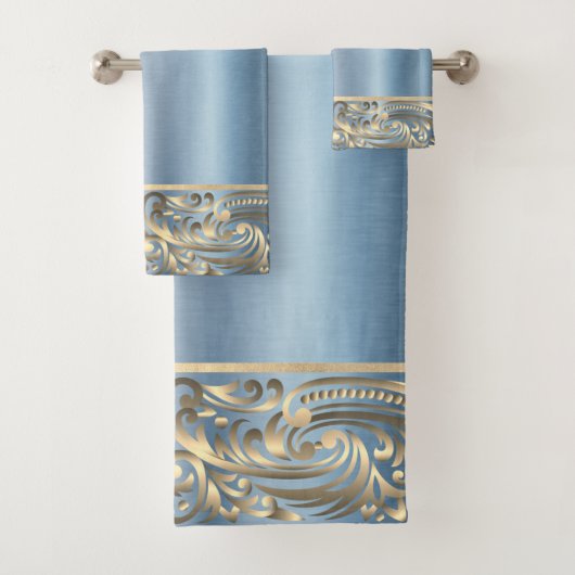 Elegante Chic Blue Metallic Gold Wirbel Badhandtuch Set (Insitu)