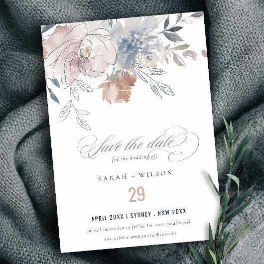 Elegante Chic Blush Wasserfarben Blumenzehen Save The Date