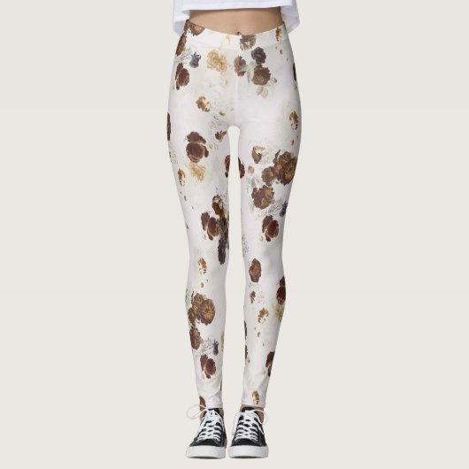 Elegante Chic Brown Beige Rose Blumenmuseum Leggings (Vorderseite)