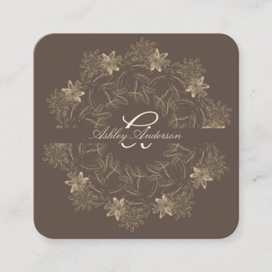 Elegante Chic Brown Gold Floral Script Monogram Quadratische Visitenkarte (Vorderseite)