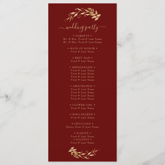 Elegante Chic Burgundy Gold Foliage Wedding Programm (Rückseite)