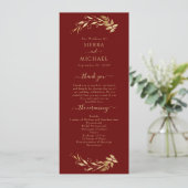 Elegante Chic Burgundy Gold Foliage Wedding Programm (Stehend Vorderseite)