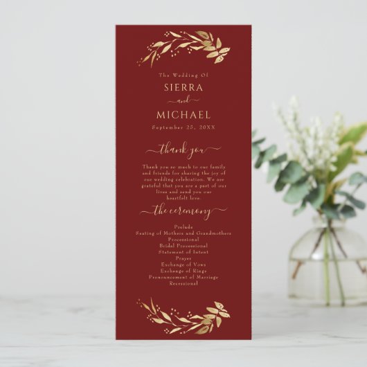 Elegante Chic Burgundy Gold Foliage Wedding Programm (Stehend Vorderseite)