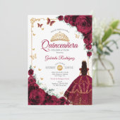 Elegante Chic Burgundy Rose Gold Quinceanera Einladung (Stehend Vorderseite)