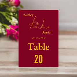 Elegante Chic Burgundy und Gold Calligraphy Weddin Tischnummer