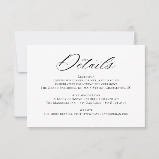 Elegante Chic Calligraphy Wedding Details Card RSVP Karte (Vorderseite)