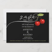 Elegante Chic Cherries Red Black Foto Calligraphy Save The Date (Vorderseite)