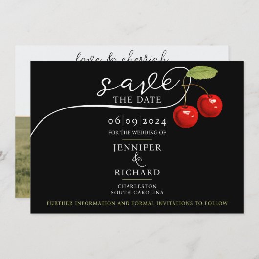 Elegante Chic Cherries Red Black Foto Calligraphy Save The Date (Vorne/Hinten)