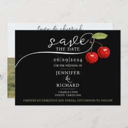 Elegante Chic Cherries Red Black Foto Calligraphy Save The Date