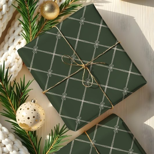 Elegante Chic Christmas Bow & Ribbon Muster Green Geschenkpapier