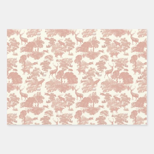 Elegante Chic Dusty Rose Toile Deer Woodland Geschenkpapier Set (Vorderseite 2)