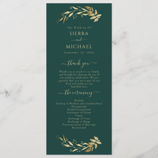 Elegante Chic Emerald Green Gold Foliage Hochzeit Programm (Vorderseite)