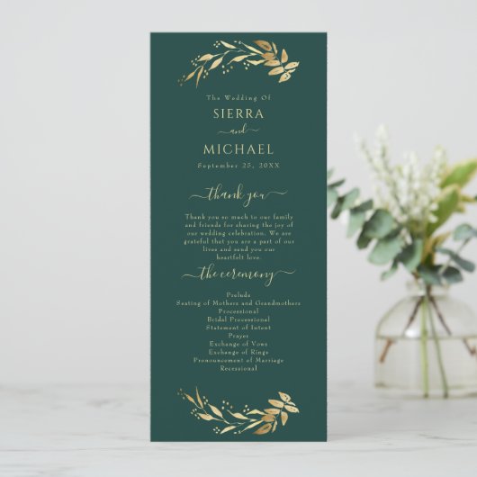 Elegante Chic Emerald Green Gold Foliage Hochzeit Programm (Stehend Vorderseite)