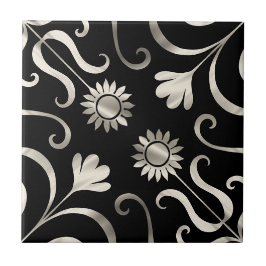 Elegante Chic Floral Damask Black Silver Sonnenblu Fliese (Vorderseite)