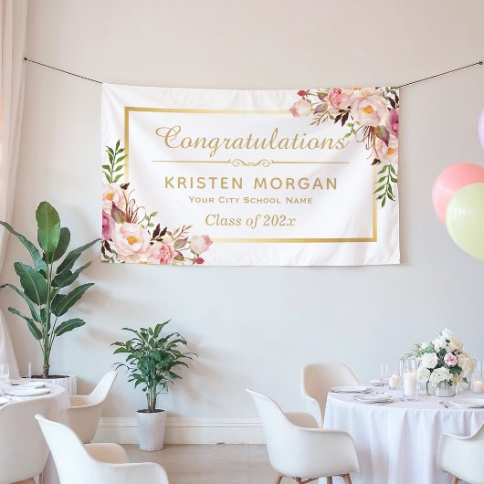Elegante Chic Floral Gold Frame Graduation Party Banner