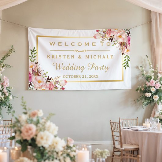Elegante Chic Floral Gold Frame Wedding Party Banner