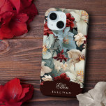 Elegante Chic Floral mit Individuelle Name/Monogra Case-Mate iPhone Hülle<br><div class="desc">Elegante exotische rubinrote,  staubblaue und cremefarbene Farbe auf dunkelblauem Hintergrund mit einem aquamarinen Label-Element für Ihren Namen oder Ihr Monogramm. Die Farbe des Etiketts kann mit dem Farbwähler-Tool im Bearbeitungsfenster angepasst werden.</div>