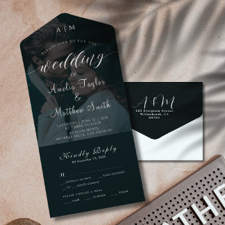 Elegante Chic Foto Schwarz-Weiß RSVP Hochzeit All In One Einladung