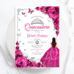 Elegante Chic Fuchsia Pink Roses Floral Quinceaner Einladung<br><div class="desc">Fuchsia rosa Silber und Weiß Quinceanera Feier Einladung. Features brünettes Mädchen in Ballkleid,  Skript-Schriftart,  Silberschmetterlinge,  heiß rosa Rose und tiara. Ideal für eine elegante Glasfeier im Prinzessinnstil. Personalisieren Sie Ihre persönlichen Daten. Gedruckte Zazzle Einladungen oder Sofortdownload digitalen druckbaren Vorlage.</div>
