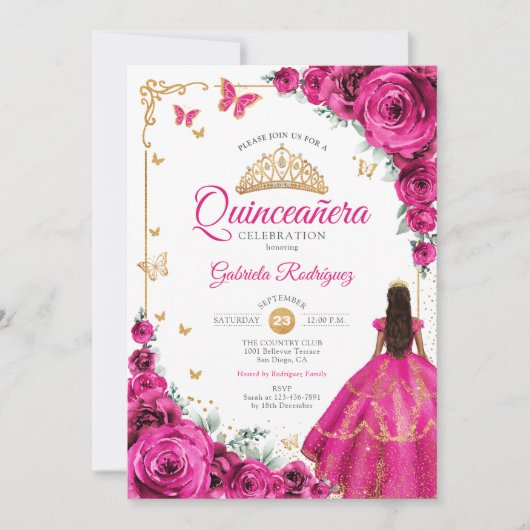 Elegante Chic Fuchsia Pink Roses Gold Quinceanera Einladung (Vorderseite)