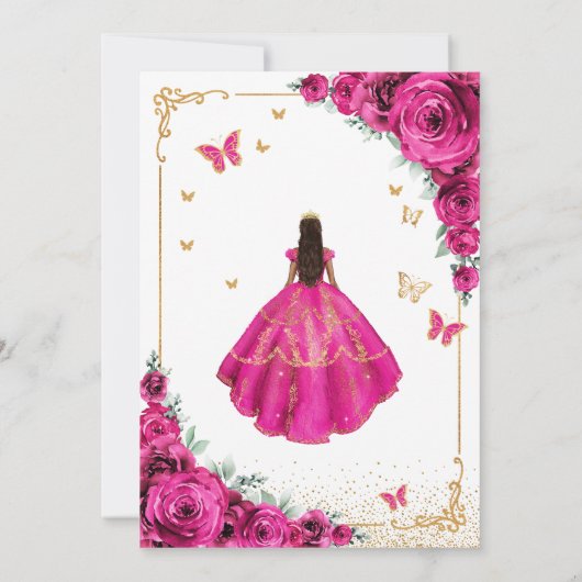 Elegante Chic Fuchsia Pink Roses Gold Quinceanera Einladung (Rückseite)